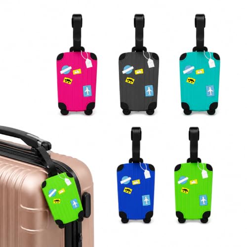 Image of Pack of 5 Luggage Tags | Suitcase Luggage Tag | Travel ID Label Multiple Colors Silicone with Strap Name Address Card Holder for Travel School