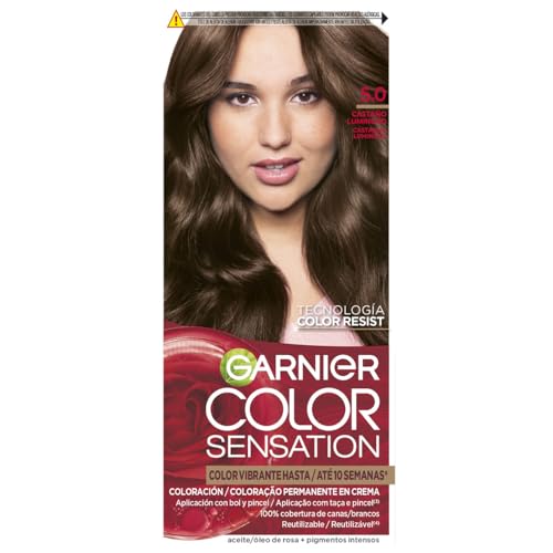 GARNIER - Pack 4 Color Sensation Tinte Permanente 5.0 Castaño Luminoso, Color Intenso y Brillo Espejo, Cobertura 100% de Canas con Aceites Florales