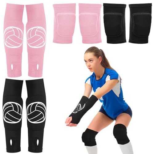 Sosation 2 Set Volleyball Knee Pads and Volleyball Arm Sleeves with Protection Pad Compression Forearm Wrist Guard with Thumb Hole Soft Breathable for Hitting Passing(Black, Pink)