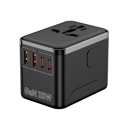 Universal Travel Adapter, International Power Plug Adapter with PD Fast Charging, 4-Port (USB-A/2 USB-C/2), Wall Charger - Worldwide Travel Essentials, Travel Plug Adapter for UK/US/AU/EU