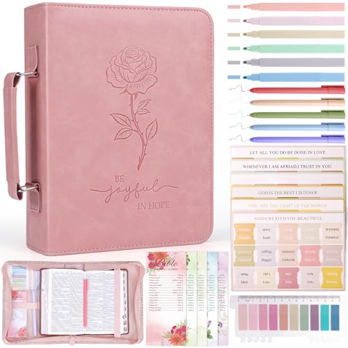 XKDOUS 24 Pcs Bible Covers Kit Bible Carrying Case Large Church Bag w/Bible Study Supplies Tabs Pens Bookmarks Leather Book Holder Case Christian Gifts for Mom Women Lady