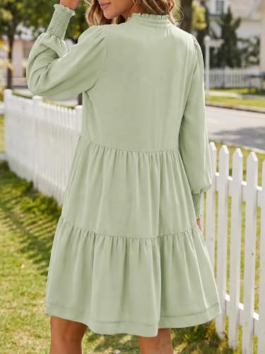 Image of Imily Bela Womens Fall Long Sleeve Tunic Dress Casual V Neck Tiered Dress | Loose,Swing,A-Line,Ruffled Collar,Puff Balloon Sleeve,Smocked Elastic Cuffs,Tiered Layered Ruffle Hem,Babydoll,Loose,Mini
