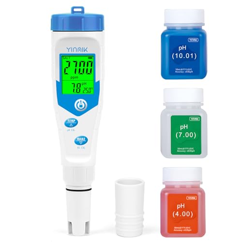 Pool pH Meter Salt Tester Digital 5 in 1 pH TDS EC Salinity Meter with Calibration Solution Kit Simultaneous Display ppm pH for Saltwater Pool Aquarium Hot Tub Spa Hydroponics Home Brew