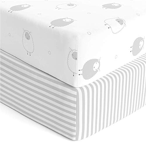 Cuddly Cubs Fitted Crib Sheets Set – 2 Pack – Jersey Cotton Crib Mattress Sheets for Baby Boy, Girl Crib – Grey Stripes, Sheep Toddler Bed Sheets – Fits on Standard 28 x 52 Crib and Toddler Mattress