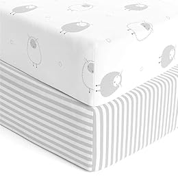 Cuddly Cubs 2 Pack Jersey Cotton Crib Mattress Sheets for Baby Boy, Girl - Grey Stripes, Sheep Toddler Bed Sheets - Fits Standard 28 x 52" Crib and Toddler Mattress