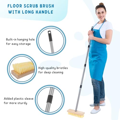 Floor Scrubber Brush with Long Handle for Deck Cleaning, 52'' Stiff Bristle Scrub Broom for Shower, Bathroom, Boat, Concrete, Carpet, Garage