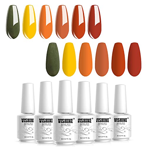 Vishine Vernis Semi Permanent Orange - 6 Vernis Couleur citrouille Vert Jaune Manucure Nail Art UV LED Nail Polish Soak Off pour Automne Toussaint 8ml