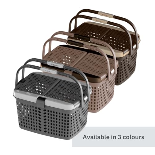 Image of FLAIR Dual Compartment Storage Basket - Sturdy Plastic Organizer with Handles & Lid | Plastic Multipurpose Trendy Shopping Big Basket | Ideal for Kitchen, Bathroom (Beige, 1 Pc)
