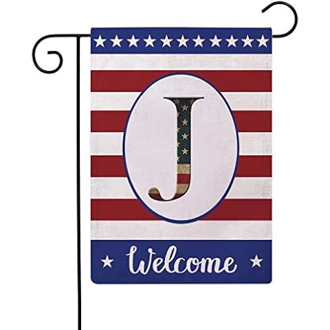 Patriotic Decorative Flag Initial Letter Garden Flags with Monogram J Double Sided American Independence Day Flag Welcome Burlap Garden Flags 12.5×18 Inch for House Yard Patio Outdoor Decor(J) Cover