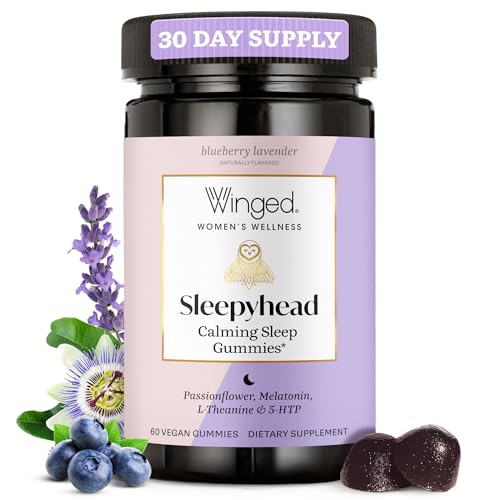 Winged Wellness Sleepyhead Natural Sleep Gummies for Women – Prime Sleep Support Aid for Adults with 3mg Melatonin, L-Theanine, 5-HTP – Blueberry Lavender Flavored – 30 Servings