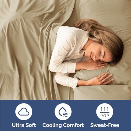 Image of Split King 7 Piece Bed Sheet Set - Comfy, Breathable & Cooling - Beige | Ultra-Soft Hotel Luxury Bedding Set w / 8-16 Inch Deep Pockets, 1 Flat & 2 Fitted Sheet & 4 Pillowcases, Wrinkle & Fade Free