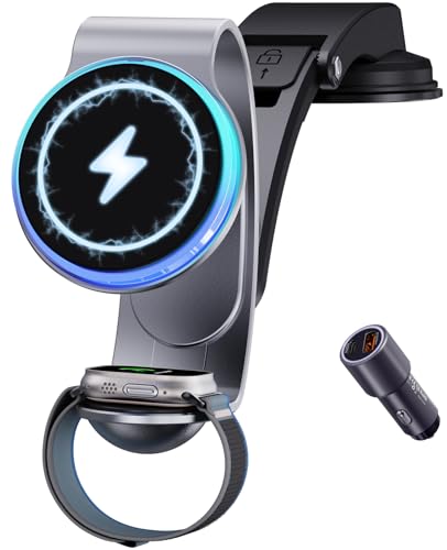 2 in 1 for MagSafe Car Mount Charger Wireless - 18W Aluminum Alloy Magnetic Car Charger with 42.5W Car Power Adapter - Dashboard Car Phone Holder Mount for Apple Watch/iPhone 15/14/13/12/Magsafe Case