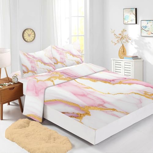Edgzko PINK MARBLE SHEET-QUEEN Sheet Set Pink Marble: Queen Size Pink Abstract Bed Sheets For Teen Girls Kids Women Deep Pocket Gold Glitter Marbling 4Pc Bedding Sets 1 Fitted Sheet & 1 Flat Sheet & 2 Pillowcases thumb #7