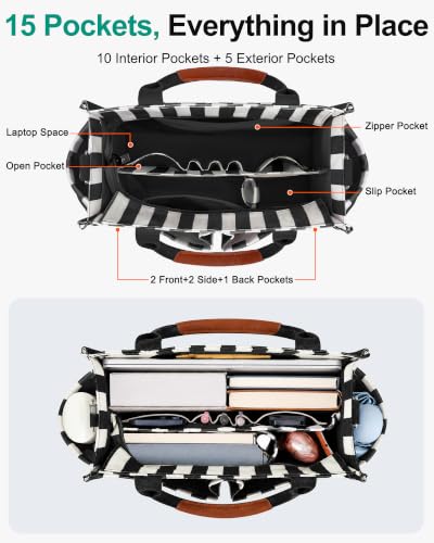 Image of FIORETTO Womens Canvas Tote Bag Purse with Individual Compartment, Zipper Top, Reinforced Bottom & Luggage Sleeve