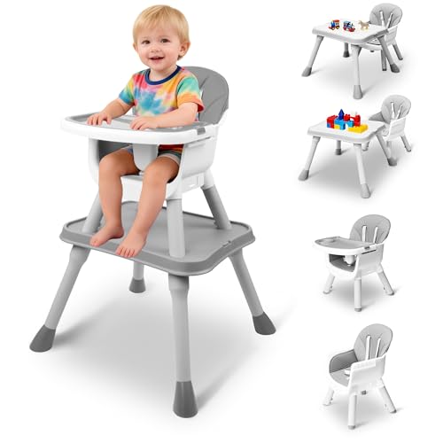 Image of 5 in 1 Baby High Chair, Toddler Chair with Removable Tray, Convertible High Chairs for Babies and Toddlers, Kids Learning Table, Building Block Table, Dining Booster Seat with Safety Harness, Gray