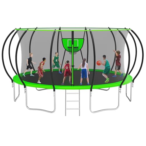 KOFUN 1500LBS 10/12/14/16FT Tranpoline Outdoor for Kids and Adults, Tranpolines with Net, Ladder, Recreational Tranpoline with Basketball Hoop Easy to Assemble, Curved Poles Larger Room, ASTM Approval