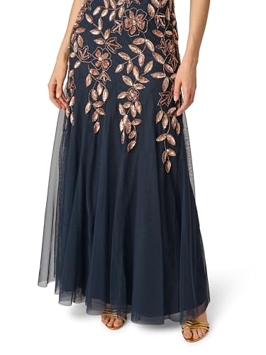 Image of Adrianna Papell Women's Beaded Gown with Godets - Floor Length Gown with Floral Embellishments & Cap Sleeves