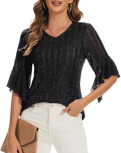 Women's 3/4 Sleeve Tops Sparkly Dressy V Neck Blouse Glitter Evening Party Shirts