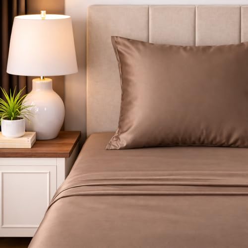 Image of LANE LINEN 100% Cotton Satin Fantasy Bedsheet Double Size - Taupe