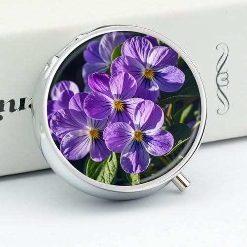 Round Metal Pill Box 3 Compartment Medicine Organiser Travel Pill Box Violets in Bloom Printed for Vitamins Fish Oil Supplements - Image 3