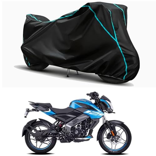 Image of Waterproof Bike Body Cover Compatible for | Bajaj Pulsar NS 125 STD | Taffeta Fabric, Sky Piping Design, Bottom Elastic Fit | Dustproof, Sun UV & Rain Protection for All Weather.