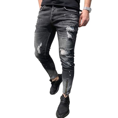 Qolkmuiy-GJ Men's Patchwork Middle Waist Jeans Distressed Moto Biker Cowboy Pants Casual Stretch Tapered Leg Jeans (Black,3X-Large)