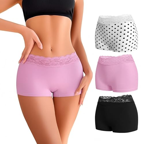 Uniexcosm Boxer Mujer Algodon Bragas Talle Alto con Encaje Ropa Interior Sexys para Transpirable Culotte Panties Pack Colores Pack De 2 5,Rosa 3,L