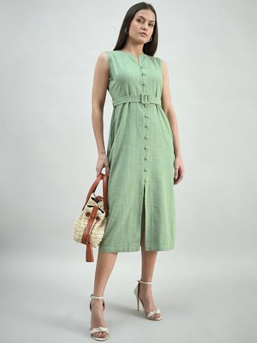 Image of Powersutra Comfort Fit Cotton Elasticated-Waist Striped Dress
