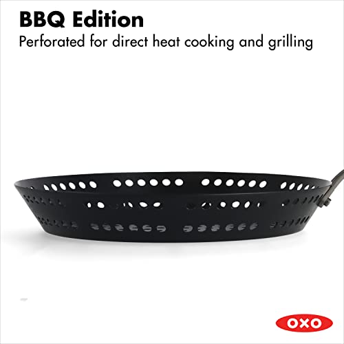 Oxo Obsidian Pre-Seasoned Carbon Steel, 12" Frying Pan Skillet With Holes For Grilling With Removable Silicone Handle Holder, Induction, Oven Safe, Black #TOP4