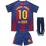 CEKFAX Barca 2025/2026 Home #10 Yamal Football Soccer Kids Jersey Shorts Socks Set Youth Sizes (Navyblue/Red,30)