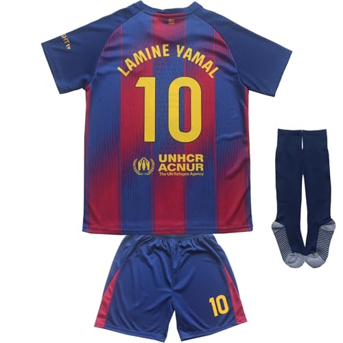 CEKFAX Barca 2025/2026 Home #10 Yamal Football Soccer Kids Jersey Shorts Socks Set Youth Sizes (Navyblue/Red,20)