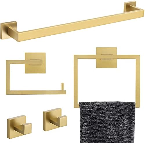 YACVCL 5-Piece Bathroom Hardware Accessories Set 23.6 inch Brushed Gold Towel Bar Towel Rack Sets Modern Towel Ring Kit Stainless Steel Wall Mounted