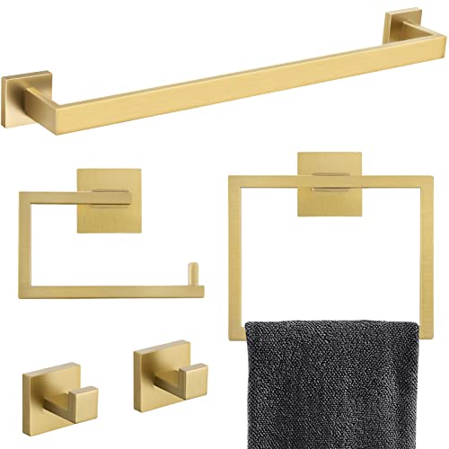 Yacvcl 5-Piece Bathroom Hardware Accessories Set 23.6 Inch Brushed Gold Towel Bar Towel Rack Sets Modern Towel Ring Kit Stainless Steel Wall Mounted #TOP3