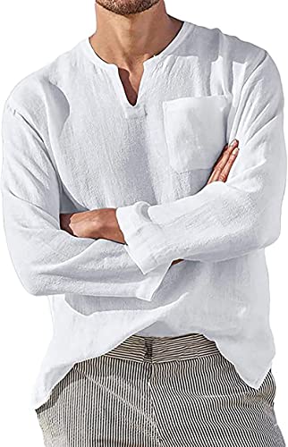 Men's Cotton Linen V-Neck Shirt - Casual Long Sleeve Beach Shirt Fashion Lightweight Solid Color Top with Pockets White 2XL