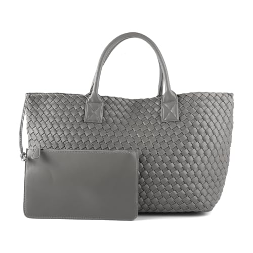 Image of Woven Tote Bag for Women Retro Handwoven Shoulder Travel Handbag Large Capacity Hobo Vegan Leather Bags with Purse