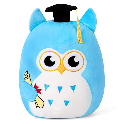 OurHonor Graduation Plush, Soft Owl Stuffed Animals with Blue Body and Ears, Black Graduation Cap, Fringe and Diploma, Cute Pillow Toys Graduation Gift Plush Stuffed Animal Party Decoration(Blue)