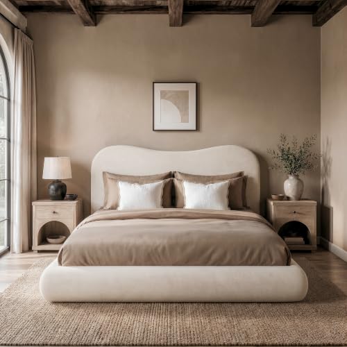 Image of RECCI AirFrame Full Cloud Platform Bed Frame with Round Edge Headboard | 6-Inch Thickness Plush Headboard, 5 Inch Foam Fully Cushioned, Beige Chenille Upholstered, Easy Assembly