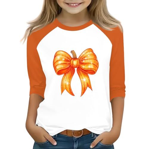 Girls Halloween Pumpkin Raglan T-Shirt Cute 3/4 Sleeve Kids Fall Top Soft Casual Tee for Fall Party