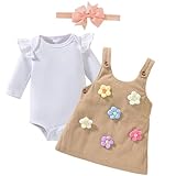 Newborn Baby Girl Suspender Corduroy Skirt Dresses 3D Embroidered Floral Pattern Long Sleeves Outfits Fall Winter Spring 3Pcs Clothes Khaki