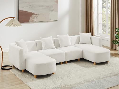 VANOMi 113" Sectional Sofa with 4 Pillows, U-Shaped 4-Seater Comfy Boucle Cloud Couch, Modern Double Chaises Lounge Sofas for Living Room, Office, Apartment (White-U)