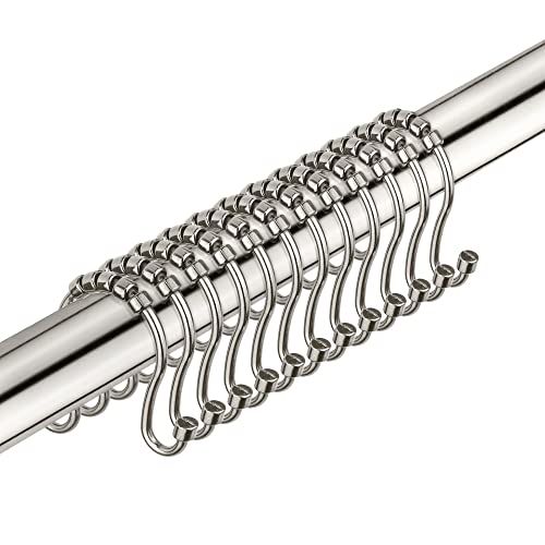 Splash Home Omega Decorative Shower Curtain Hooks, Roller Rings & Rust-Resistant Aluminum, Double Rolling Curtains Hook, For Bathroom Rod And Curtain Hangers, Set Of 12 - Satin Nickel #TOP12