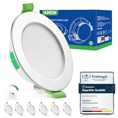 HOMEOW 6er Set LED Spots 230v Dimmbar 68mm - 80mm Lochmaß, 5W Nickel Einbaustrahler LED Deckenspots Deckenleuchte Warmweiß Neutralweiß Kaltweiß, 24mm Ultra Flach IP44 Einbauleuchten für Badezimmer