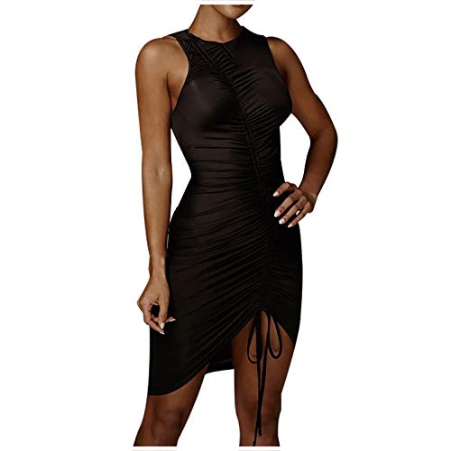 AMhomely Abiti aderenti da donna Mini abito sexy da donna Liquidazione personalità chic regolabile con coulisse gonna sexy senza maniche abito tunica abiti clubwear Streetwear Loungewear, 01 Nero, L