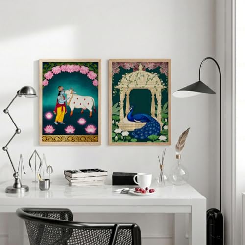 Image of TheMakerly Traditional Indian Wall Painting Set of 2 | Radha Krishna Wall Art Frames | Vintage Religious Wall Decor for Living Room Bedroom Home Temple (KR05, 13x19 inches)