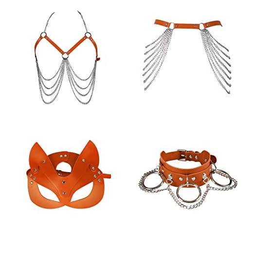 4 Piezas de arnés de Cuerpo de Cuero para Mujer, lencería, Cadena de Pecho, máscara de Zorro, Gargantilla, Collar, Conjunto de Liguero (Naranja)