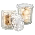Clear Bathroom Storage Organizer, 2pcs Glass Qtip Holder Dispenser, Glass Apothecary Jars with Lids, Modern Ribbed Bathroom Vanity Organizer Canister for Cotton Swabs, Cotton Balls, Pads