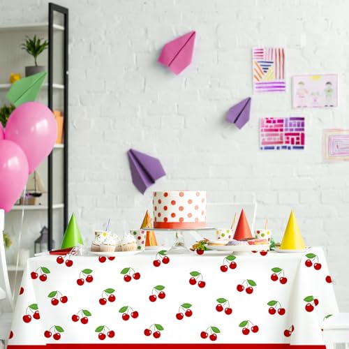 Image of Zhehao 3 Pcs 54x108 Inch Cherry Tablecloth Decorations Disposable Plastic Table Cover Rectangle Table Runner for Bachelorette Bridal Shower Baby Shower Party Decor Supplies