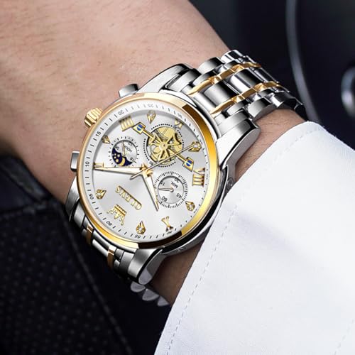 Image of OLEVS Watch for Men Analog Quartz Luxury Diamond Dial Dress Wrist Watches, 2856:Two Tone&Gold White, Two Tone Band White Dial | Chronograph, 100Ft Waterproof, Calendar, Luminous, Stainless Steel Strap