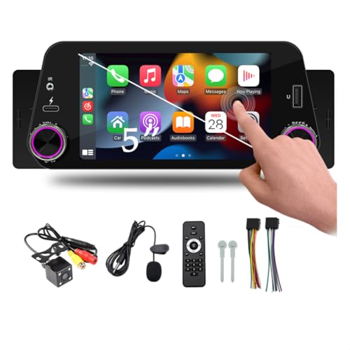 5 インチ タッチ スクリーン 1Din カー ステレオ 内蔵 CarPlay/Android Auto/ミラーリンク、ラジオ受信機 Bluetooth 5.1 ハンズフリー、FM USB Tpye C オーディオ ビデオ プレーヤー + 4LED カメラ