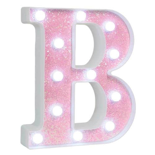 Image of Pink Glitter Marquee Light Up Letters, Battery Operated LED Letter Lights Signs for Pink Birthday Party Table Decorations, Wall Decor for Girls Bedroom, Initial Letter B with Cool White Lights